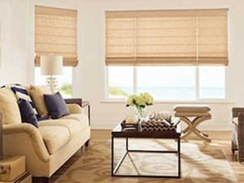 Living room space showcasing two large windows with shades